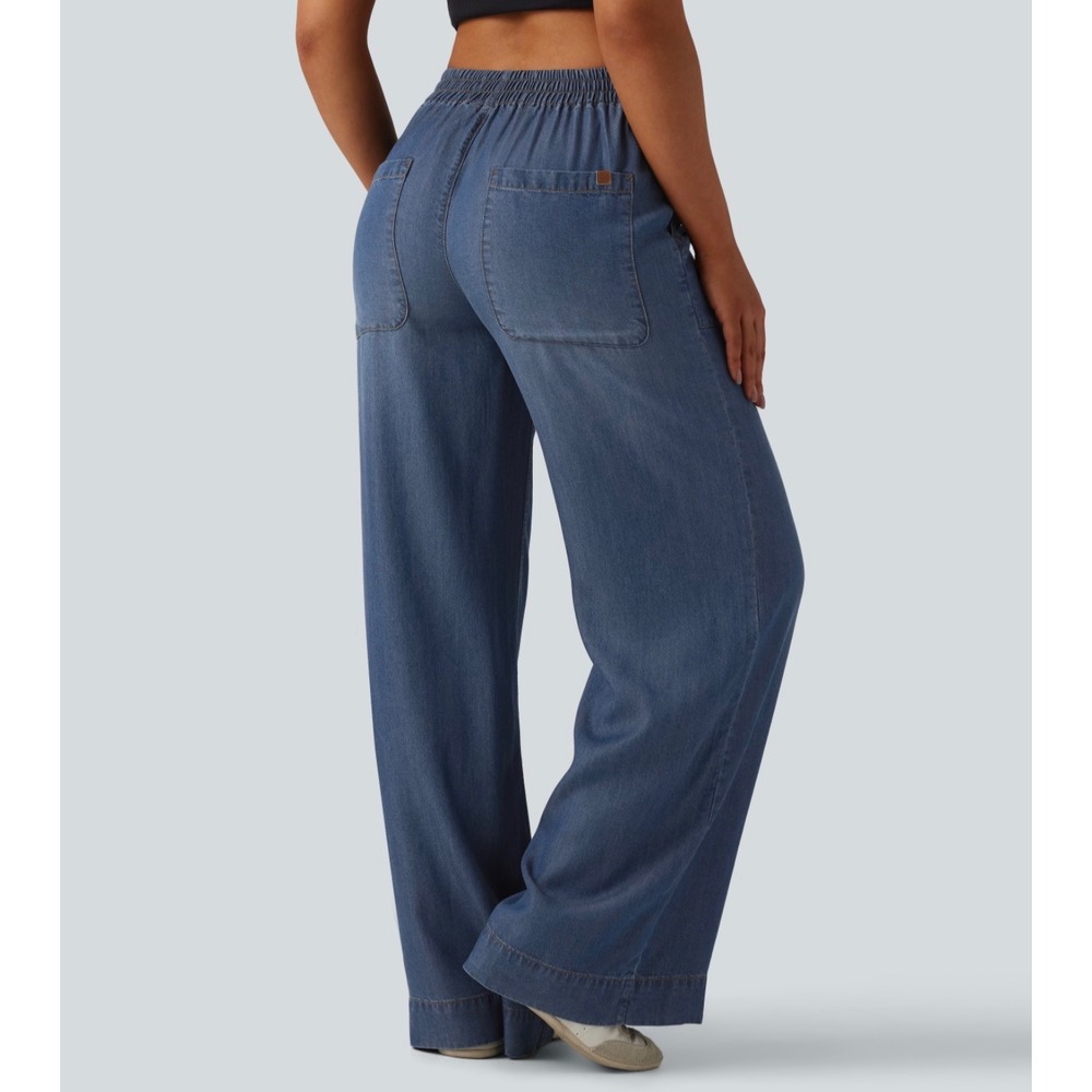 Halara Mid Rise Draped Wide Leg Casual Denim Jeans Blue Pockets L NWT